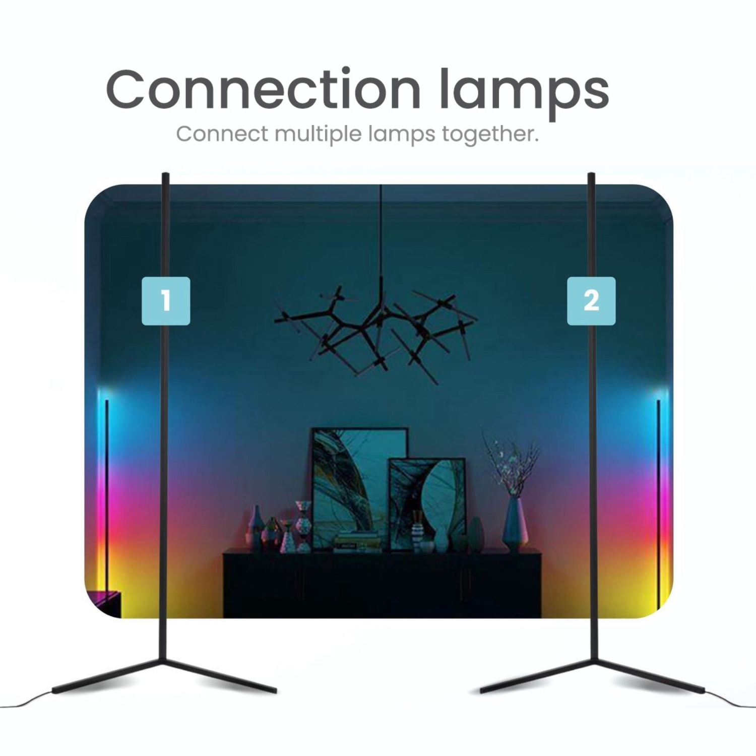 Two black floor lamps with colorful lights. Text says 'Connection lamps' and 'Connect multiple lamps'.