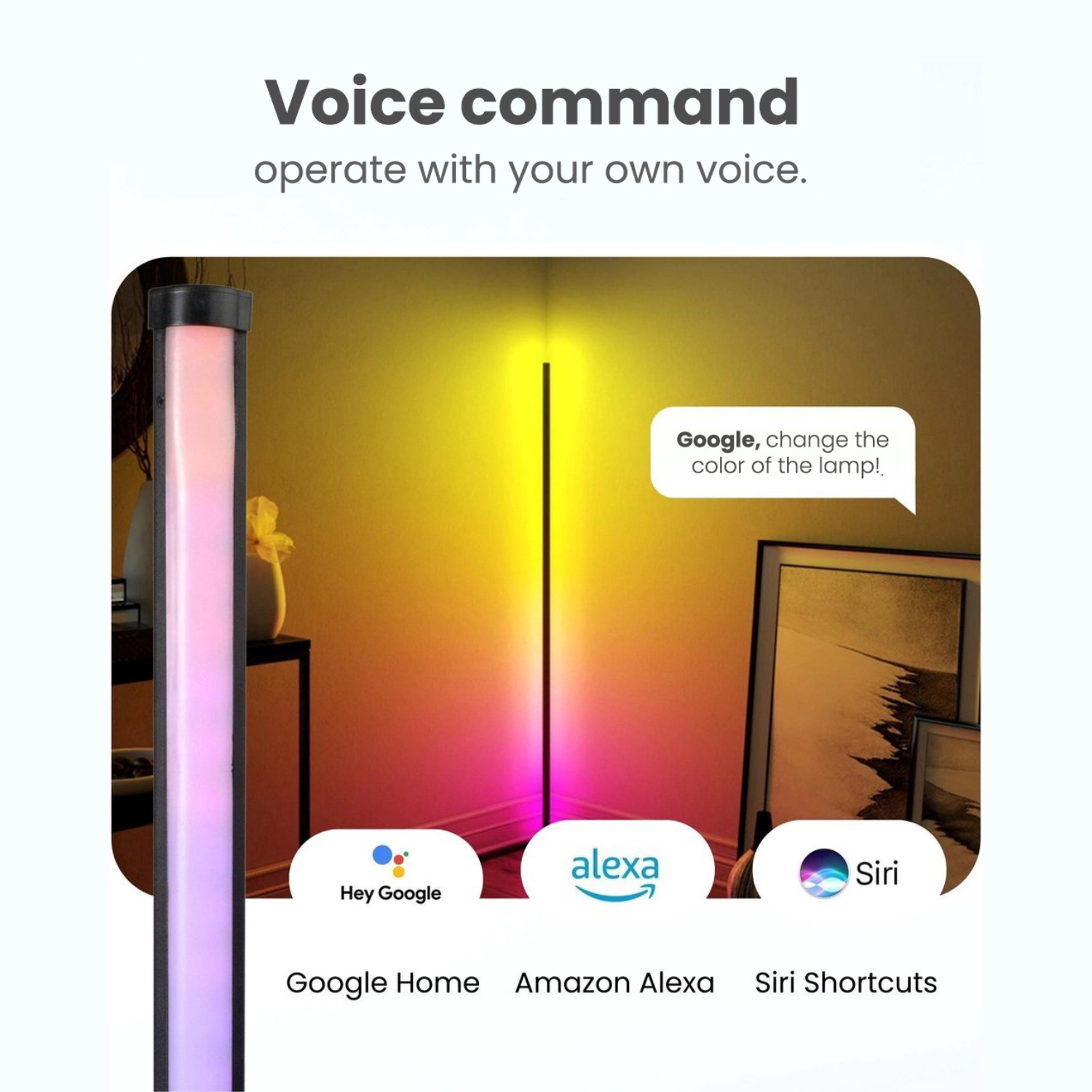 A tall, colorful LED lamp with voice command options. The background shows a gradient of yellow and pink light.