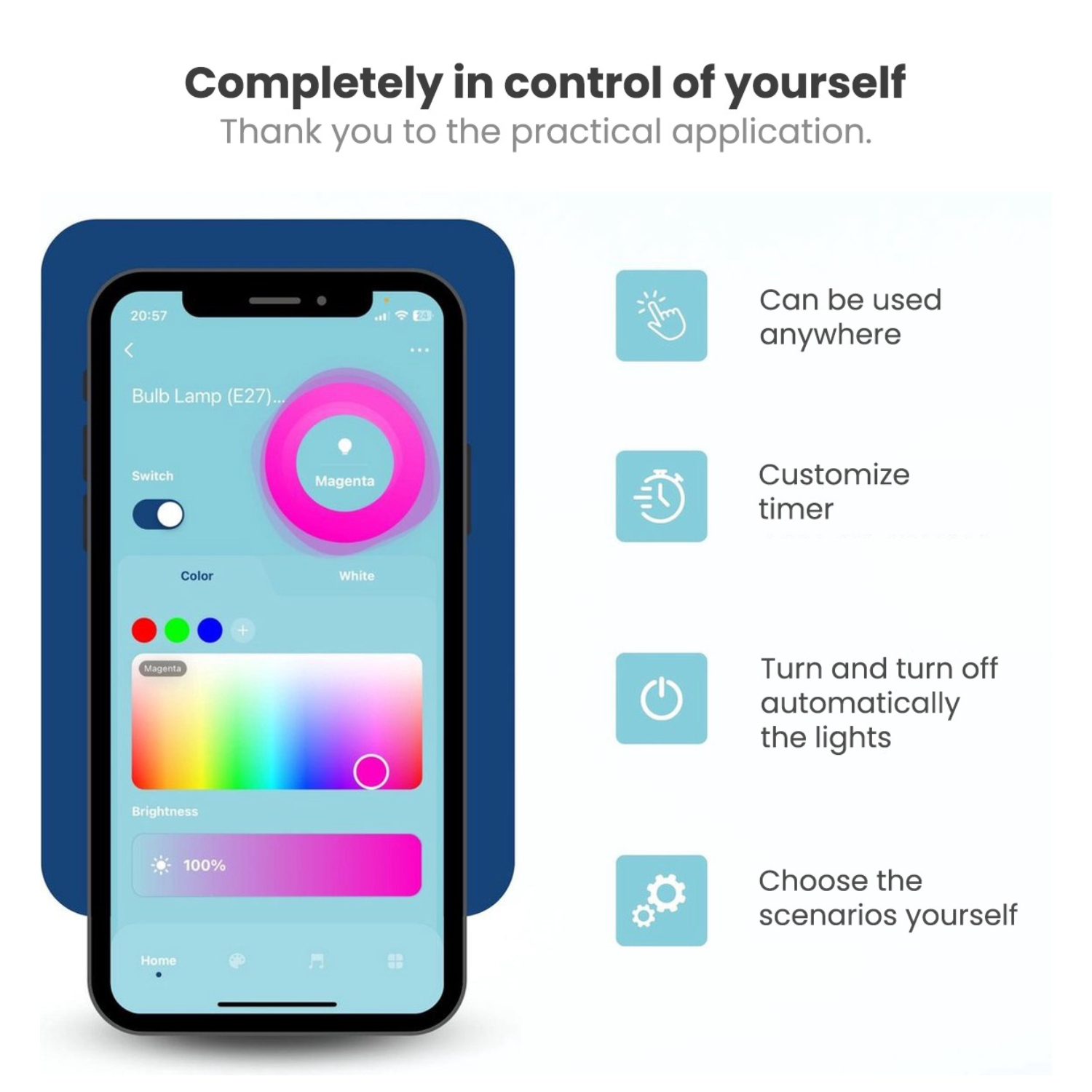 Smartphone screen with app interface: color palette, settings, and options.