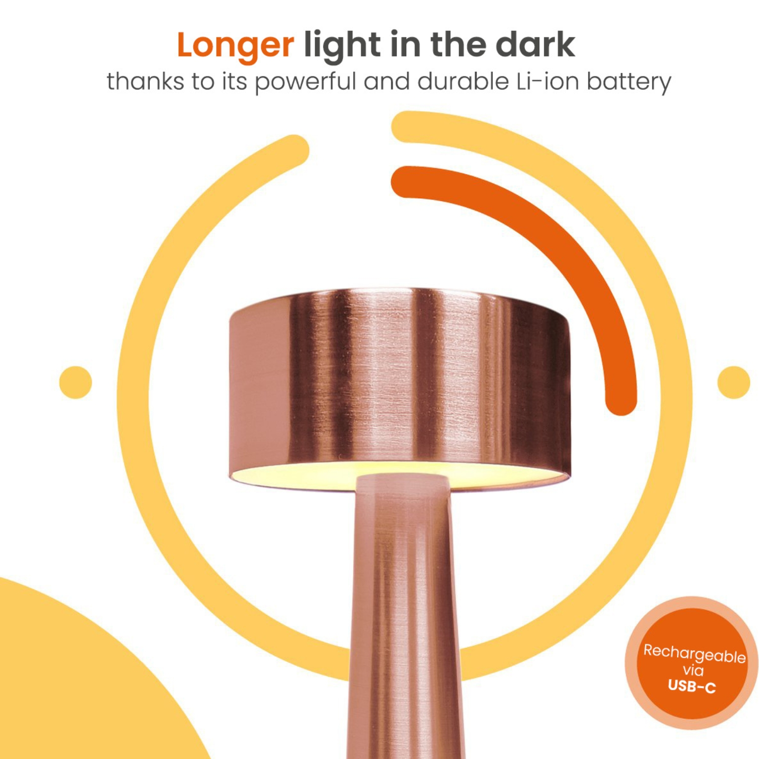 Copper-colored lamp with a cylindrical shade and a small base, with a USB label.