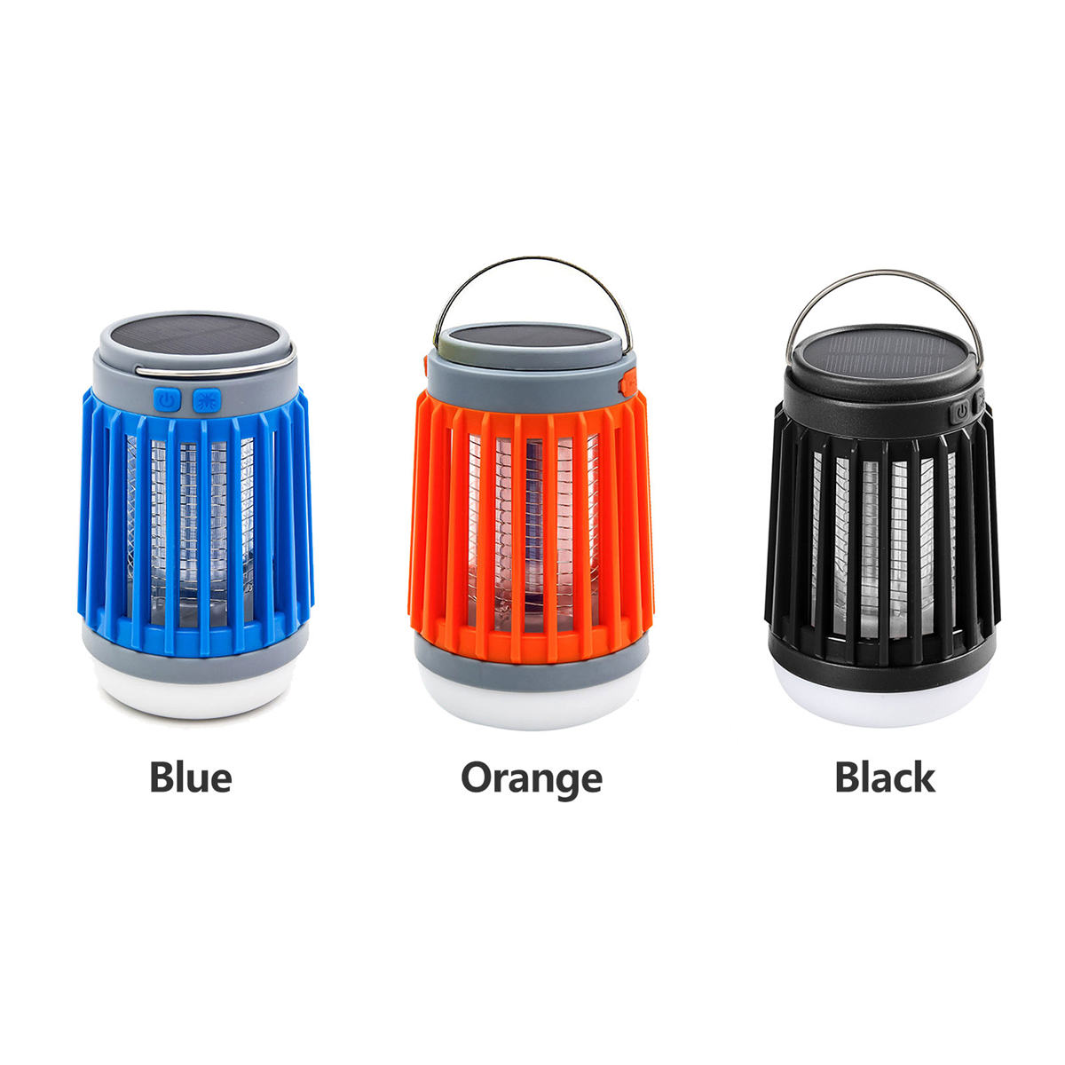 Drei Insektenvernichterlampen in Blau, Orange und Schwarz mit Etiketten auf Weiß.