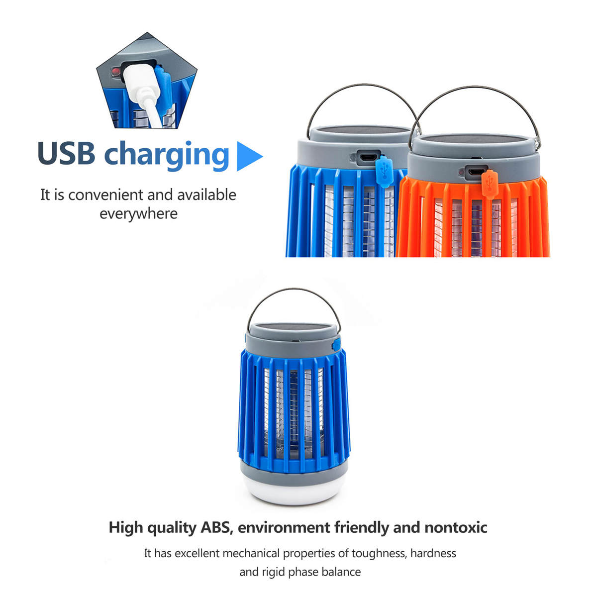 USB-Lademoskitokiller-Lampen, zwei blaue und orangefarbene, Text unten, weißer Hintergrund.