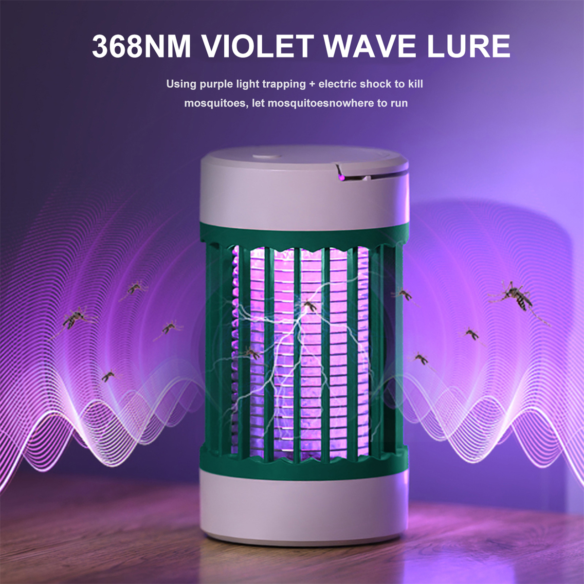 Eine Mückenfalle mit violettem Licht und grünem Gehäuse, umgeben von Mücken.