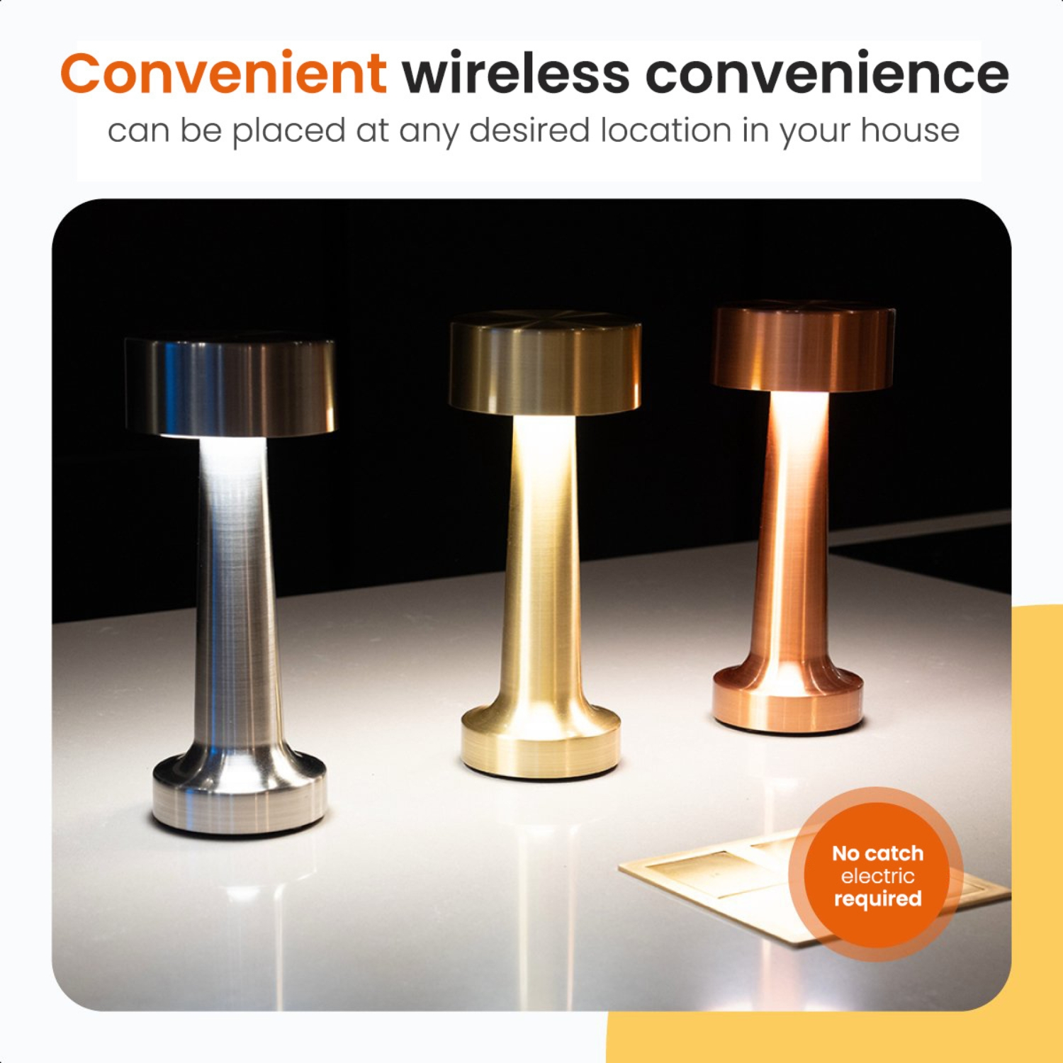 Three metallic table lamps in silver, gold, and copper. The lamps have a modern design and are turned on.