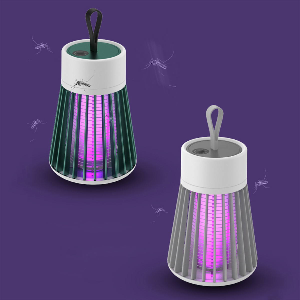 Zwei Moskitokiller-Lampen auf lila Hintergrund, mit Mücken, die um sie herumfliegen.