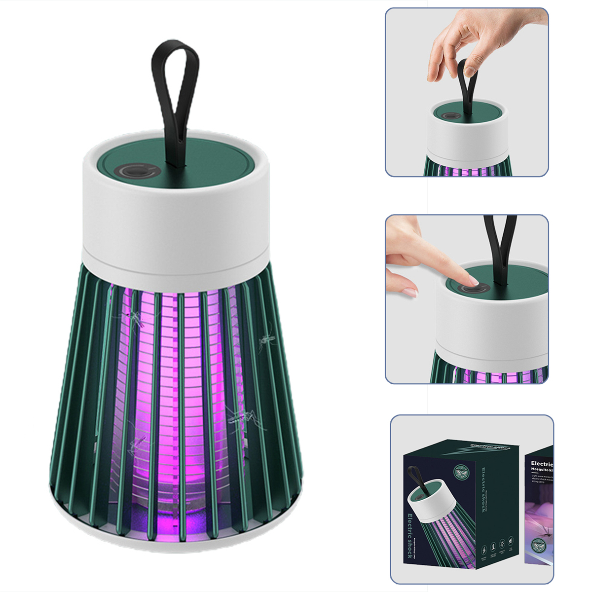 Ein Insektenvernichter mit lila Licht und Tragegriff. Enthält Produktdetails.