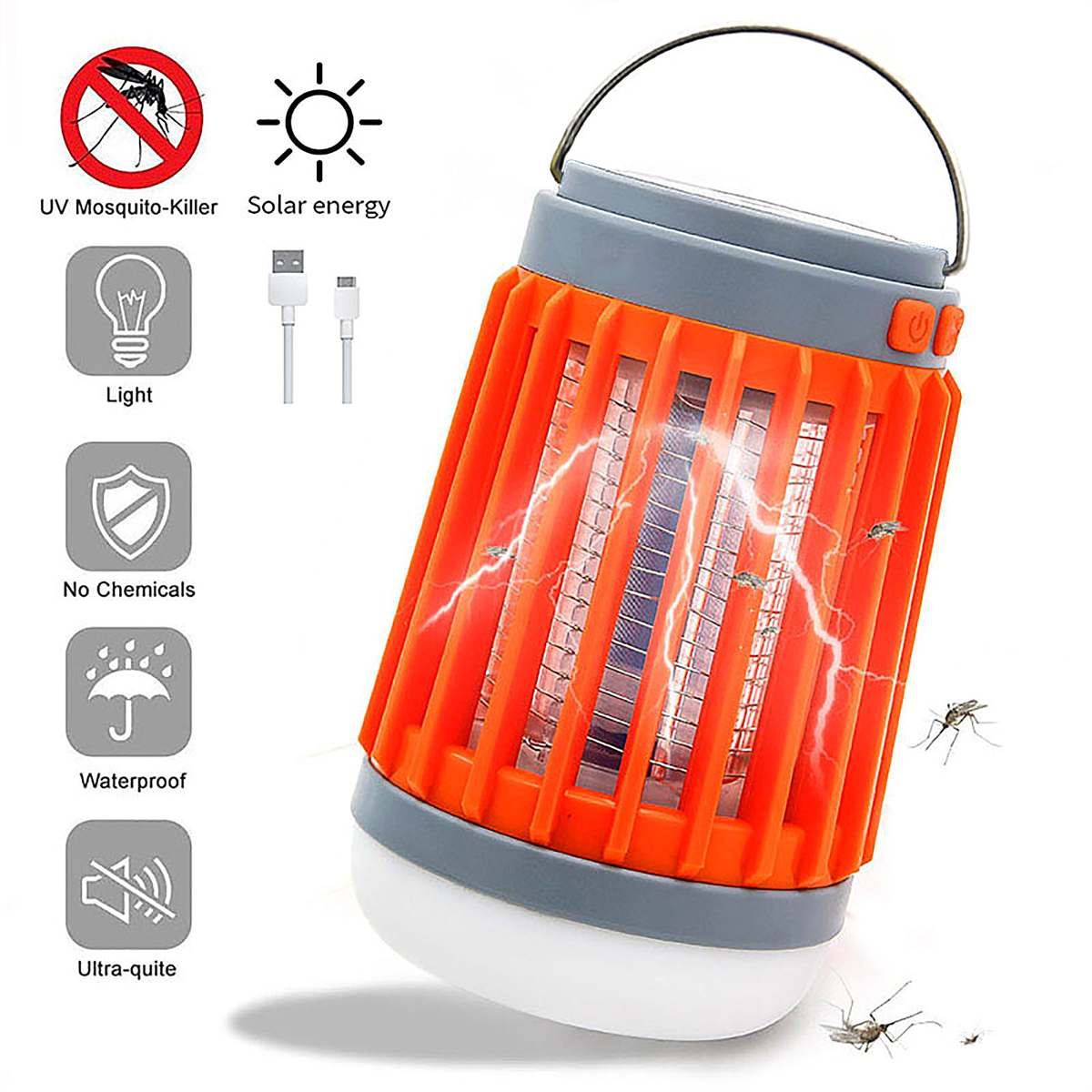 Orangefarbene Mückenvernichtungslampe mit Symbolen und Text. Sie hat einen Griff und ein Solarpanel.