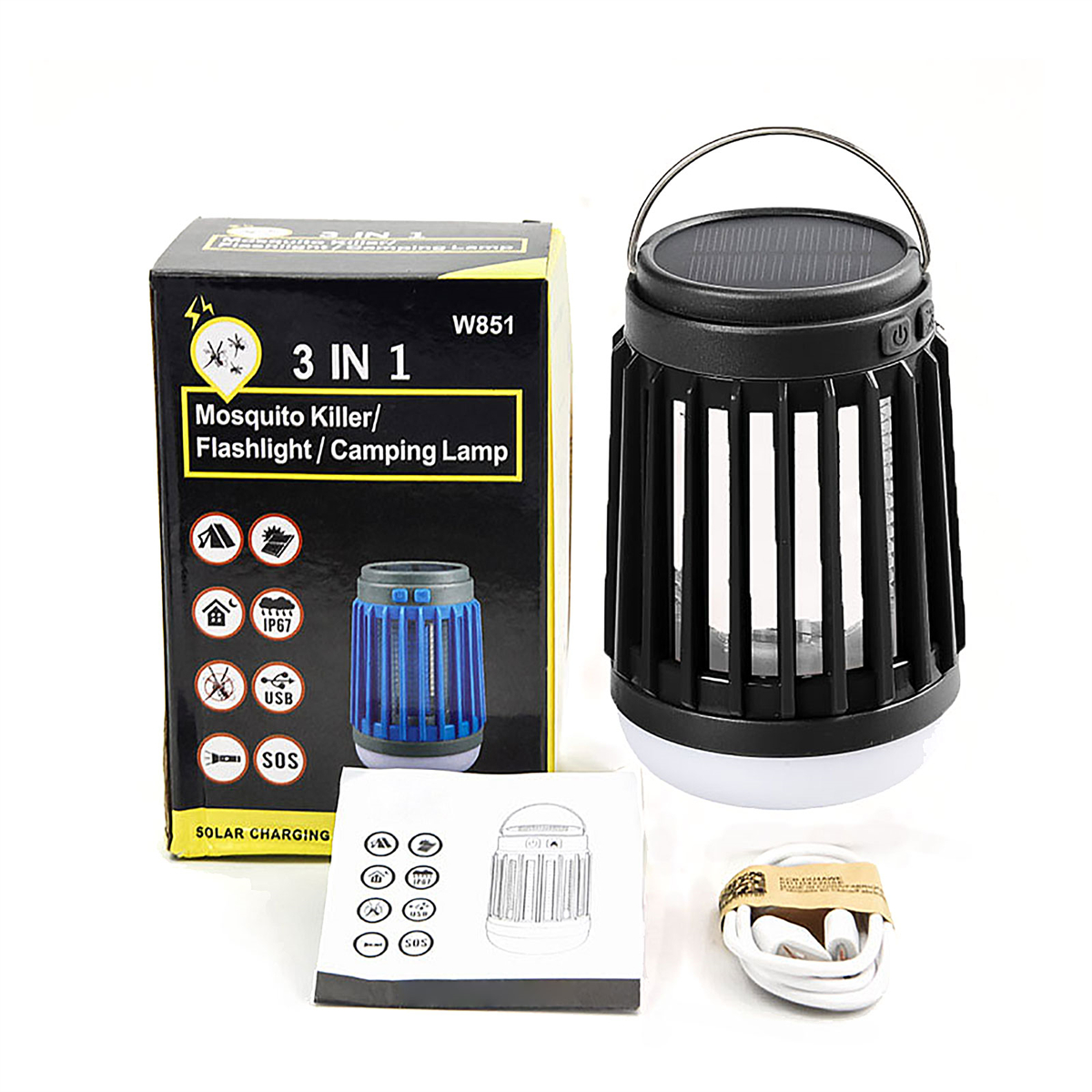 Eine schwarze Mückenvernichterlampe in einer Box und ein weißer Hintergrund. Enthält Ladegerät und Handbuch.