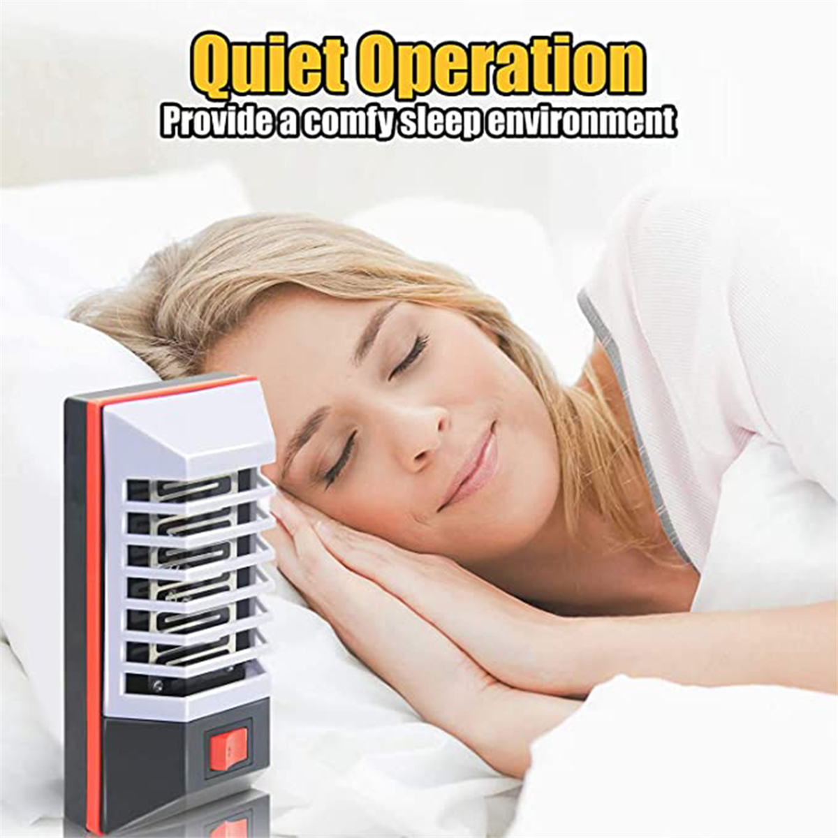 Frau schläft neben einem Heizkörper. Text: Quiet Operation. Provide a comfy sleep environment.