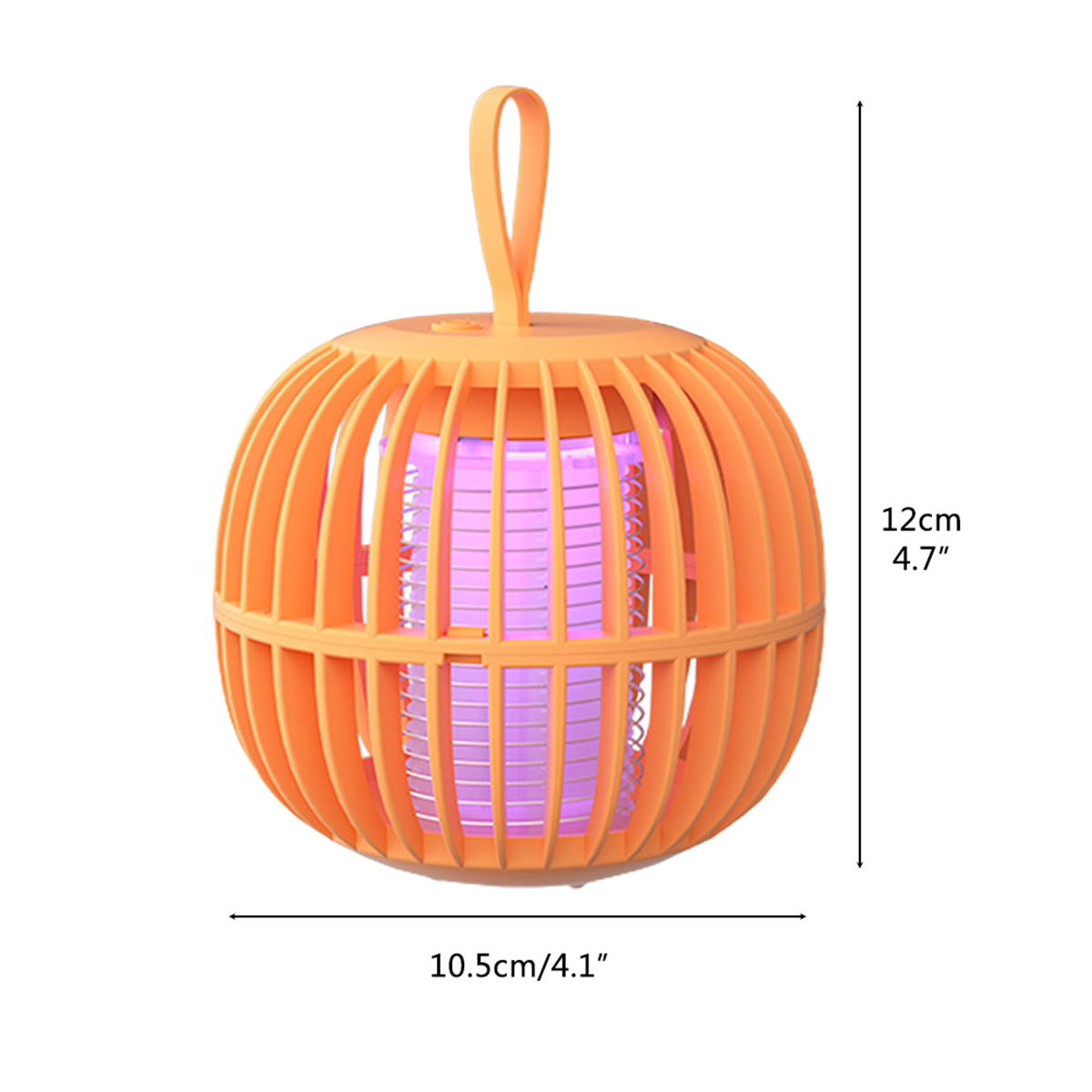 Orangefarbener Insektenvernichter mit violettem Licht im Inneren. Abmessungen sind angegeben. Oben befindet sich ein Griff.