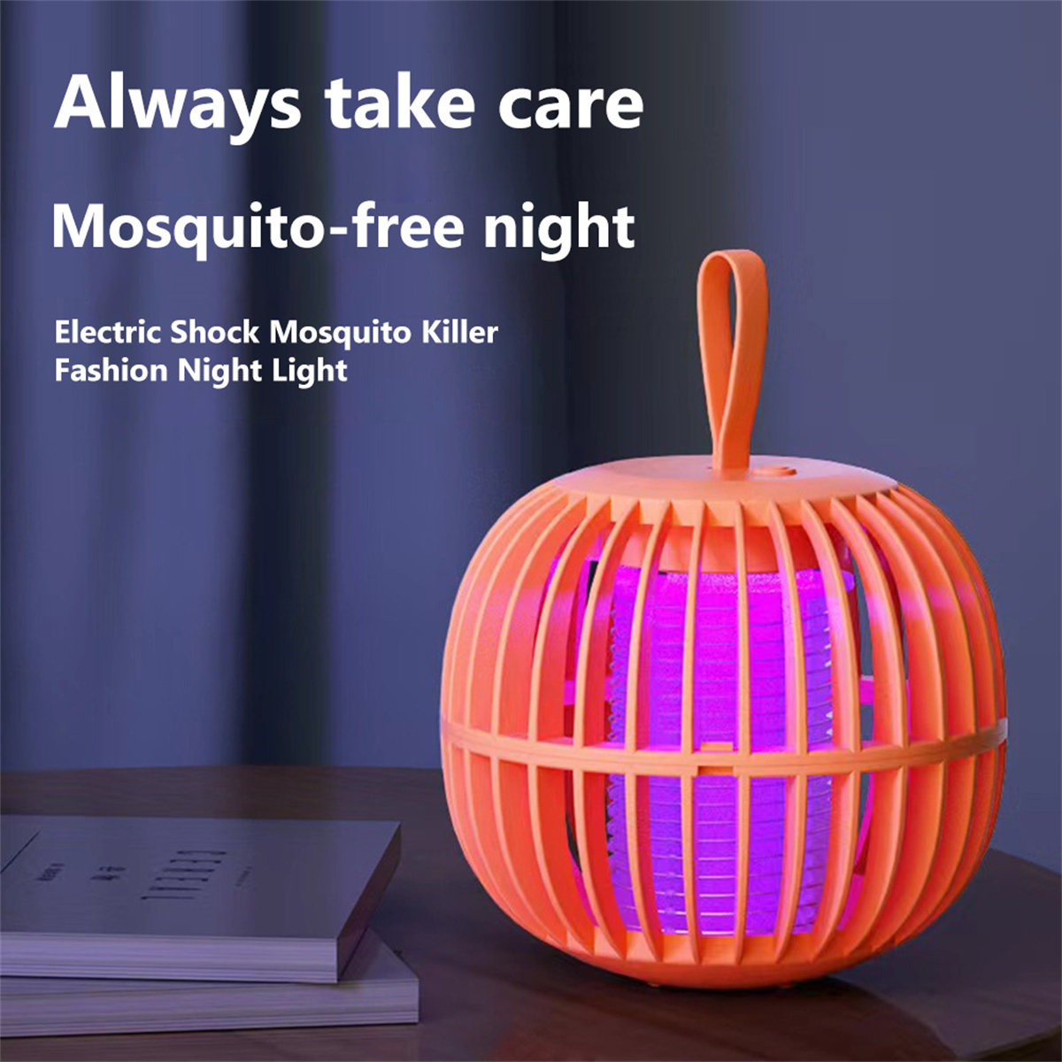 Orangefarbene Mückenvernichterlampe mit Griff, mit Text über mückenfreie Nächte.