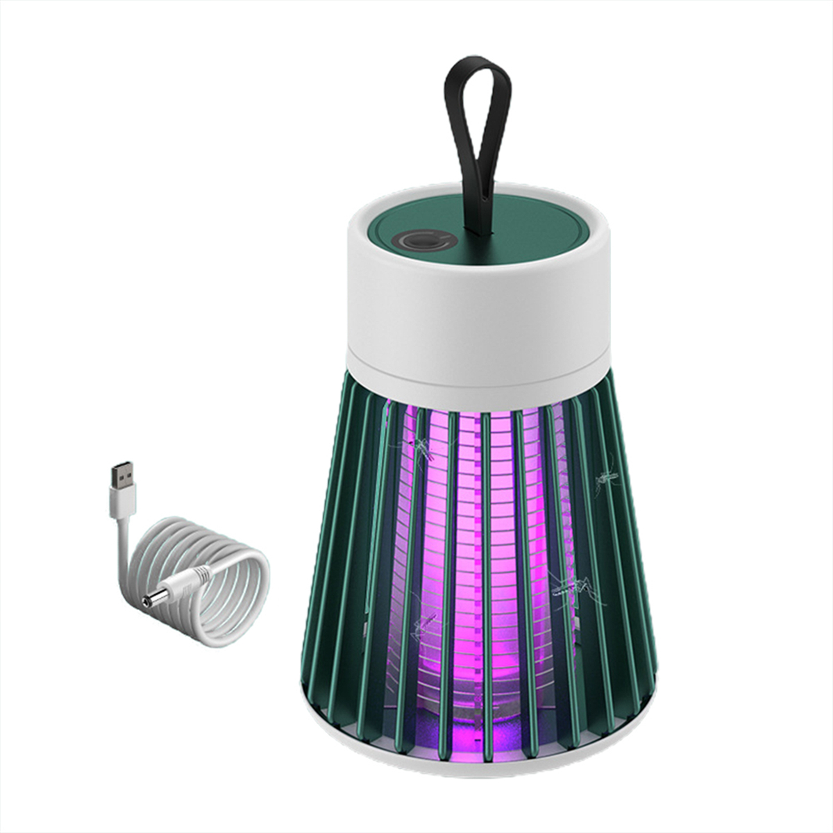 Eine Moskitofalle. Es hat ein grünes und weißes Design, mit einem USB-Kabel.