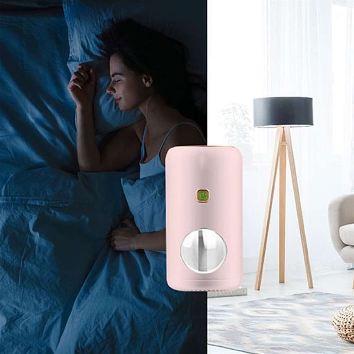 Schlafende Frau im Bett. Pinker Diffusor neben dem Bett.