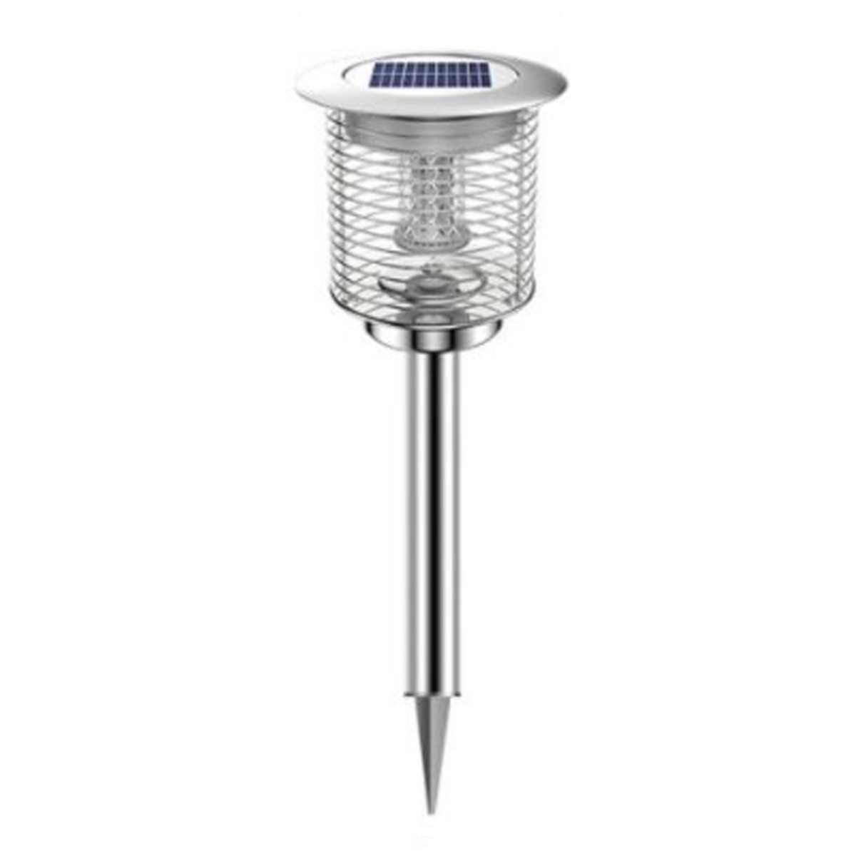 Solar-Gartenleuchte, silber und schwarz. Spitzes Ende für den Boden. Drahtkäfig.