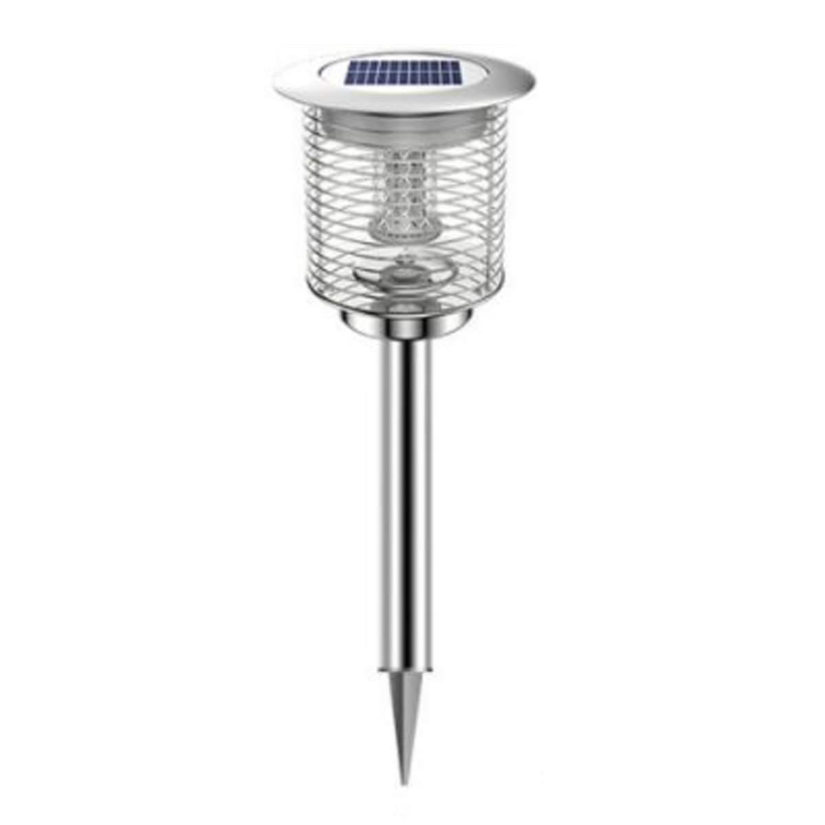 Silberne Insektenvernichterlampe mit Solarpanel. Ein Gartengerät zur Insektenabwehr.