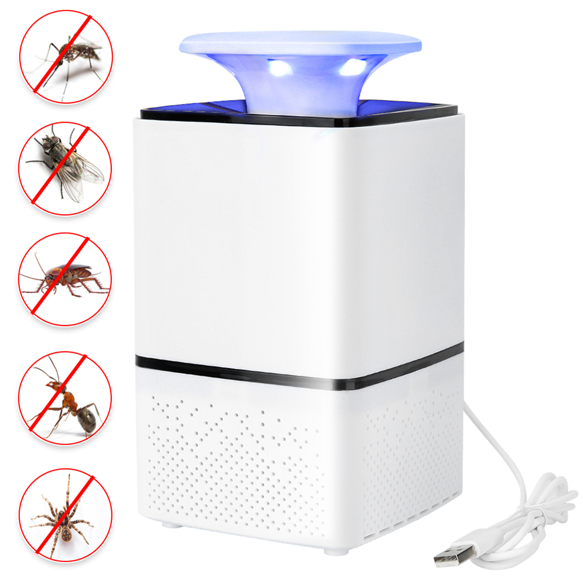 Weißer Mückenvernichter mit blauem Licht und Insekten mit X-Markierungen.