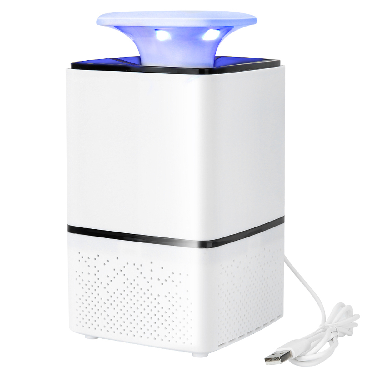 Ein weißer Insektenvernichter mit blauem Licht oben, betrieben von einem weißen USB-Kabel.