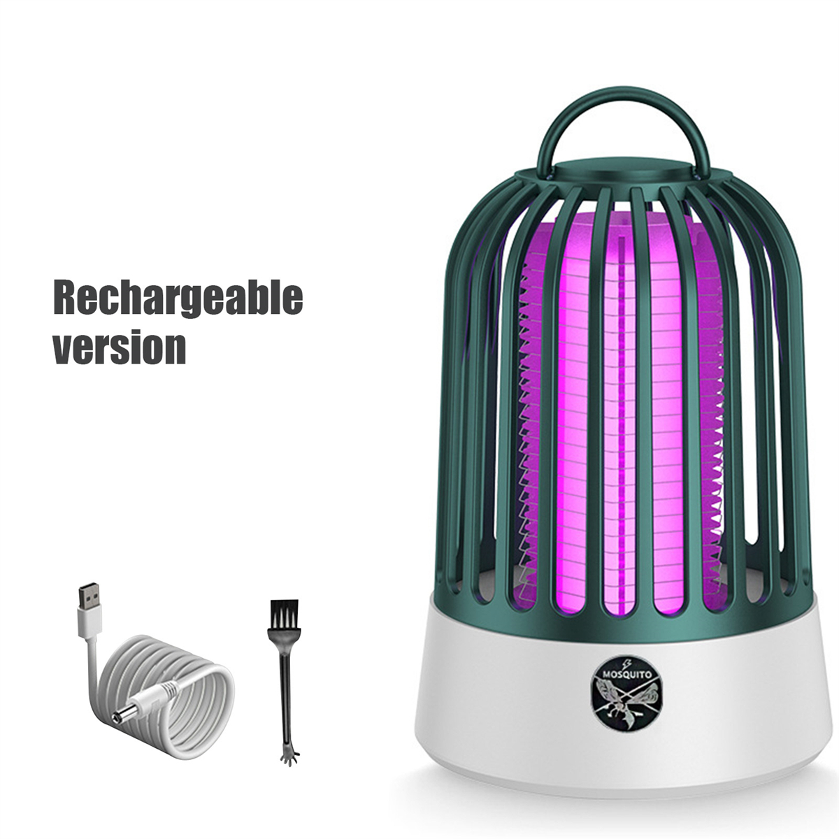 Eine Mückenlampe mit weißem Sockel und dunkelgrünem Käfig. Die Lampe leuchtet lila. Inklusive USB-Kabel und Bürste.