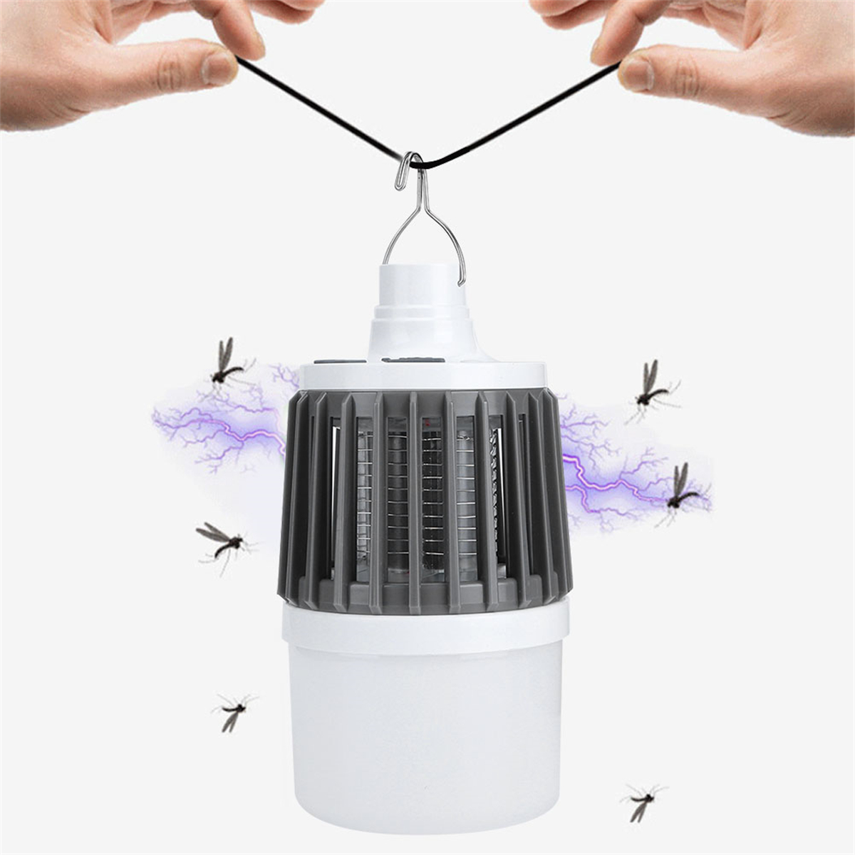 Mückenfalle mit Haken, umgeben von gezeichneten Mücken und violetten Lichtbögen.
