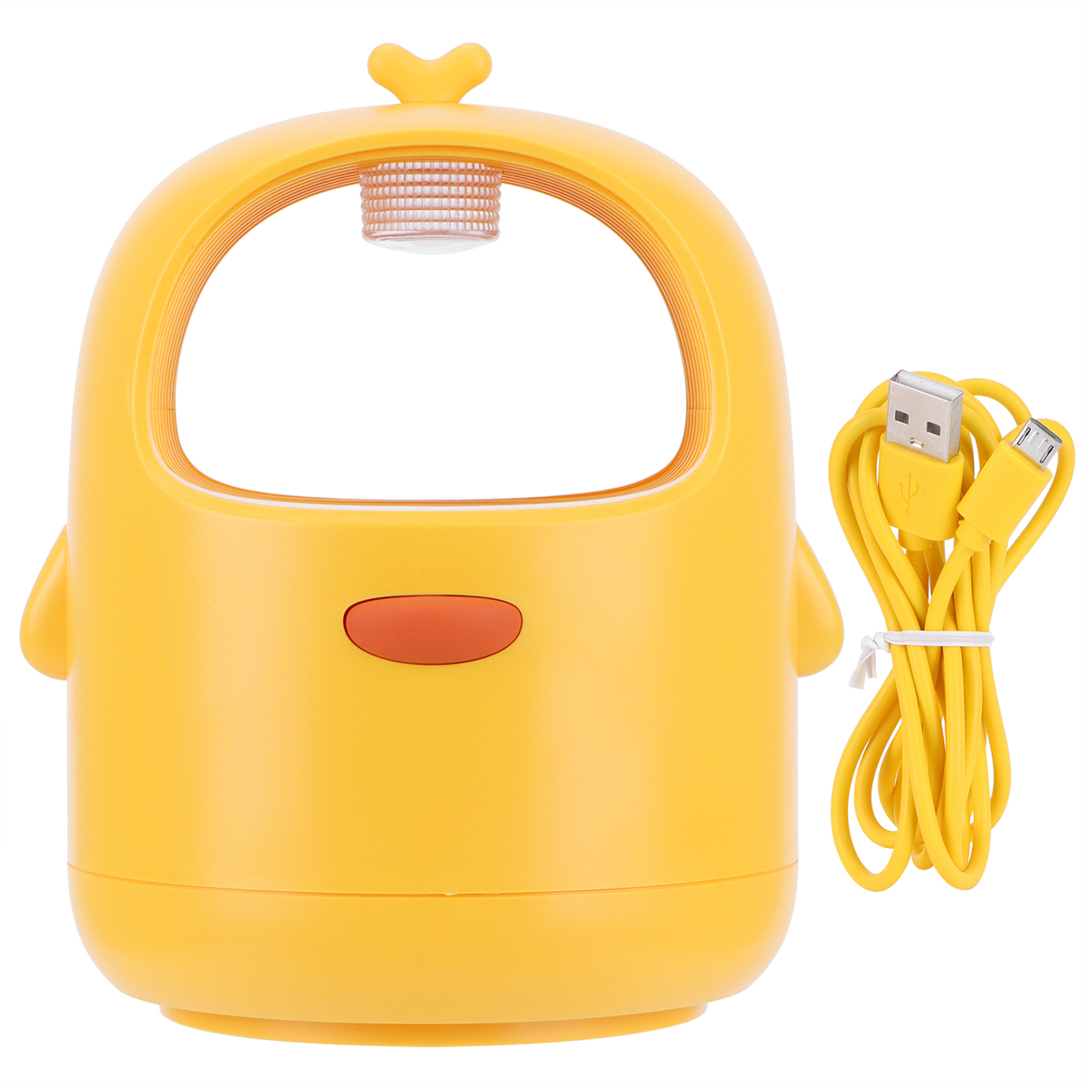 Gelbe Lampe in Kükenform mit gelbem USB-Kabel. Weißer Hintergrund.
