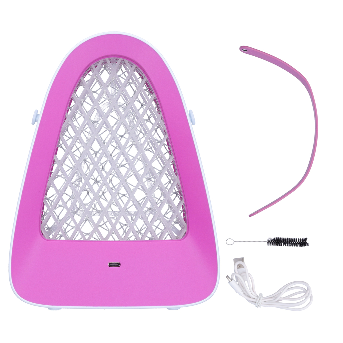 Eine rosa Moskitokiller-Maschine mit einem Netzgitter, einem Ladekabel und einer Reinigungsbürste.