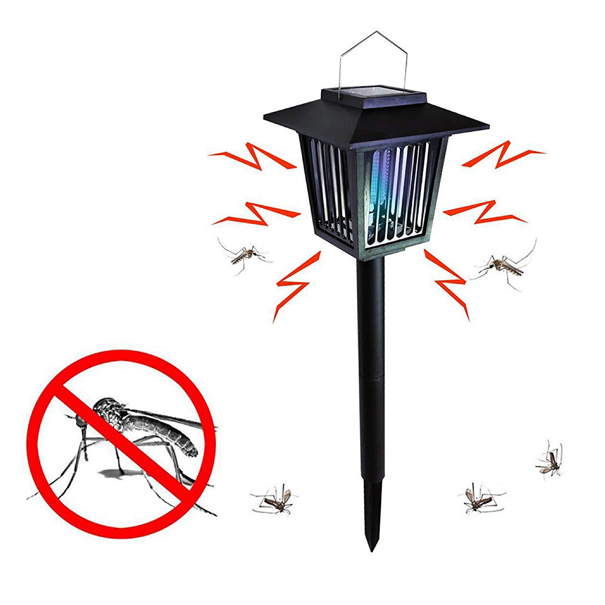 Eine schwarze, solarbetriebene Mückenvernichter-Lampe mit Mücken und einem Mückenverbotsschild.