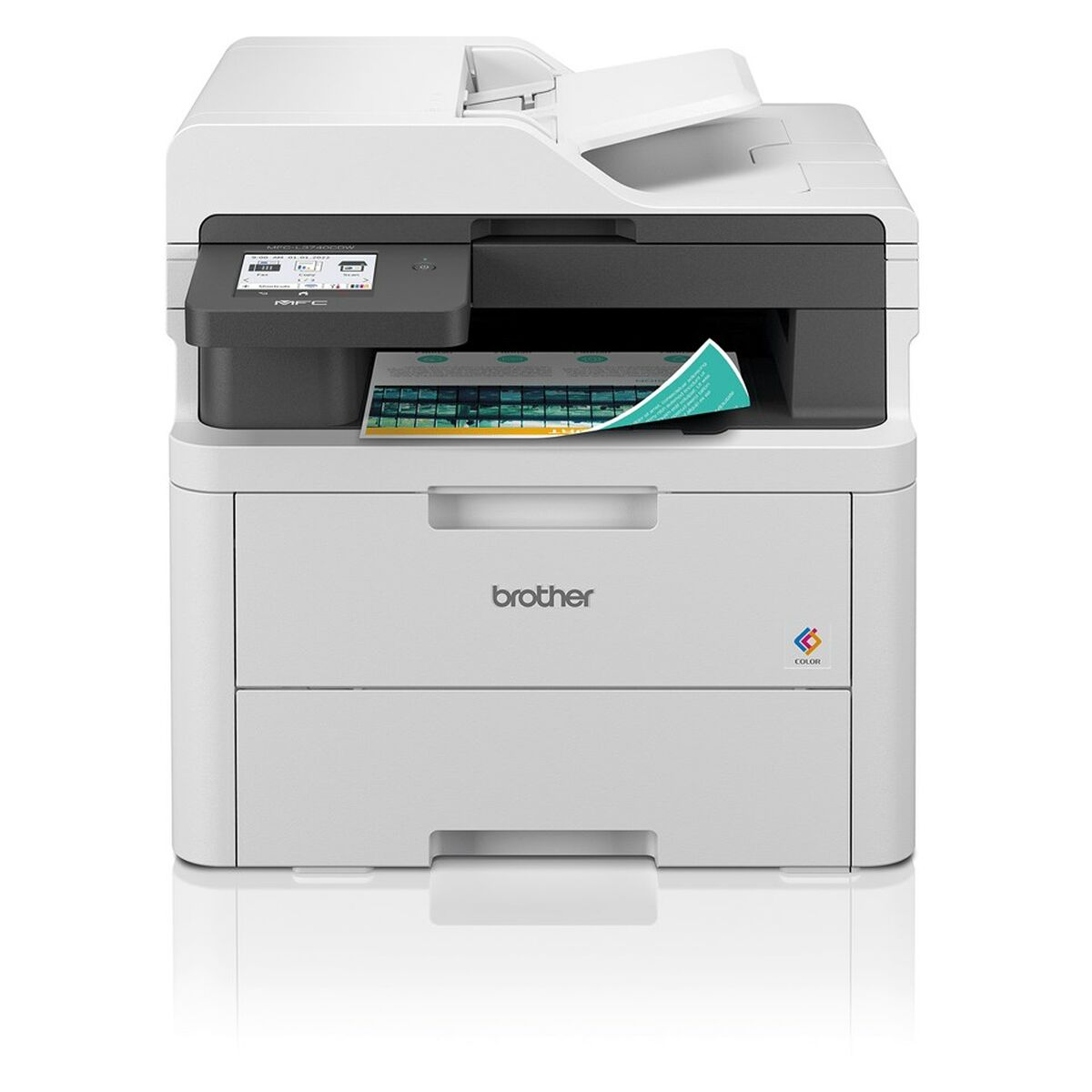 Una impresora a color Brother blanca y gris con un escáner de cama plana y un alimentador automático de documentos.