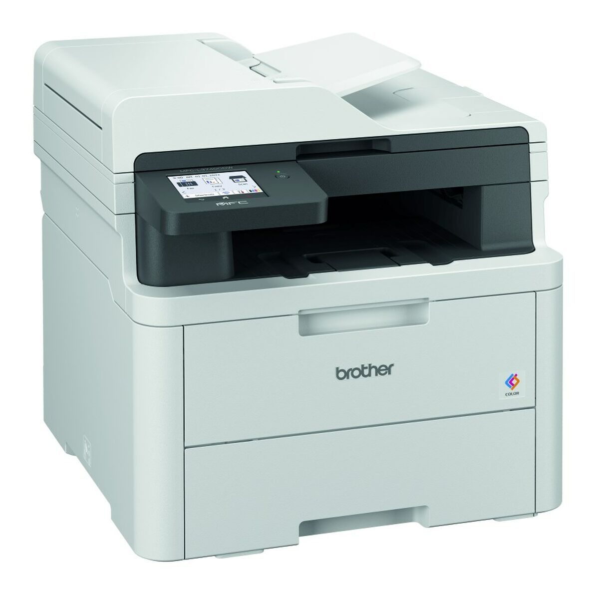 Una impresora a color Brother blanca y gris con un escáner de cama plana y un alimentador automático de documentos en la parte superior.
