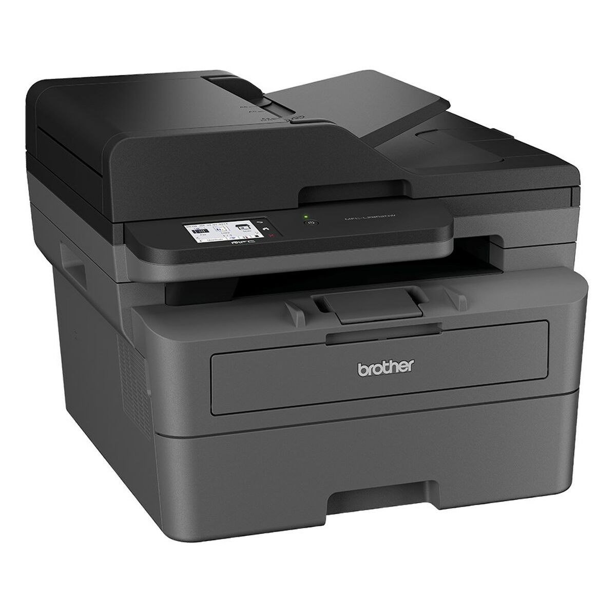 Ein schwarz-grauer Brother-Drucker steht auf weißem Grund. Er verfügt über einen Scanner, ein Papierfach und einen LCD-Bildschirm.