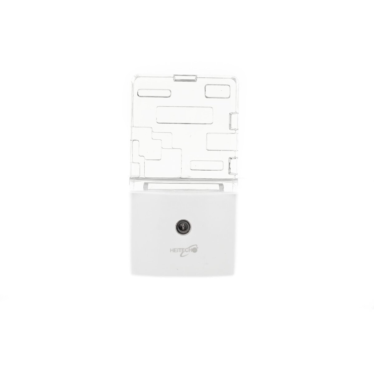 Weißer, quadratischer Wandstecker mit einer transparenten Kunststoffabdeckung. Der Markenname ist darauf.