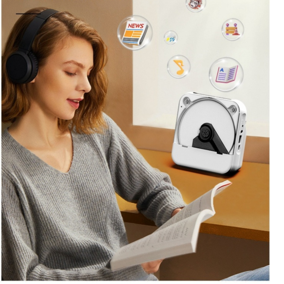 Frau liest Buch mit weißem CD-Player auf dem Tisch. Blasen mit Symbolen schweben herum.