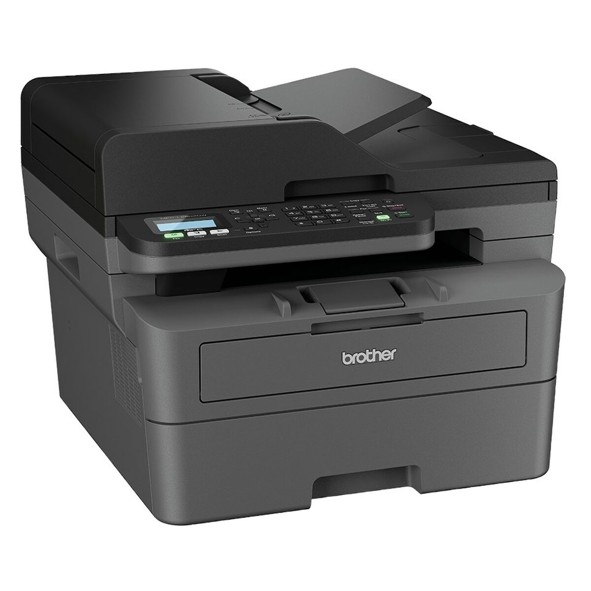 Ein schwarz-grauer Brother-Drucker.