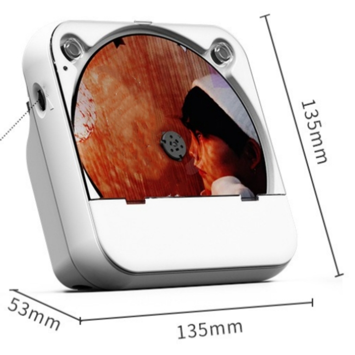 Weißer CD-Player mit CD. Abmessungen sind angegeben. Der Hintergrund ist schlicht weiß.