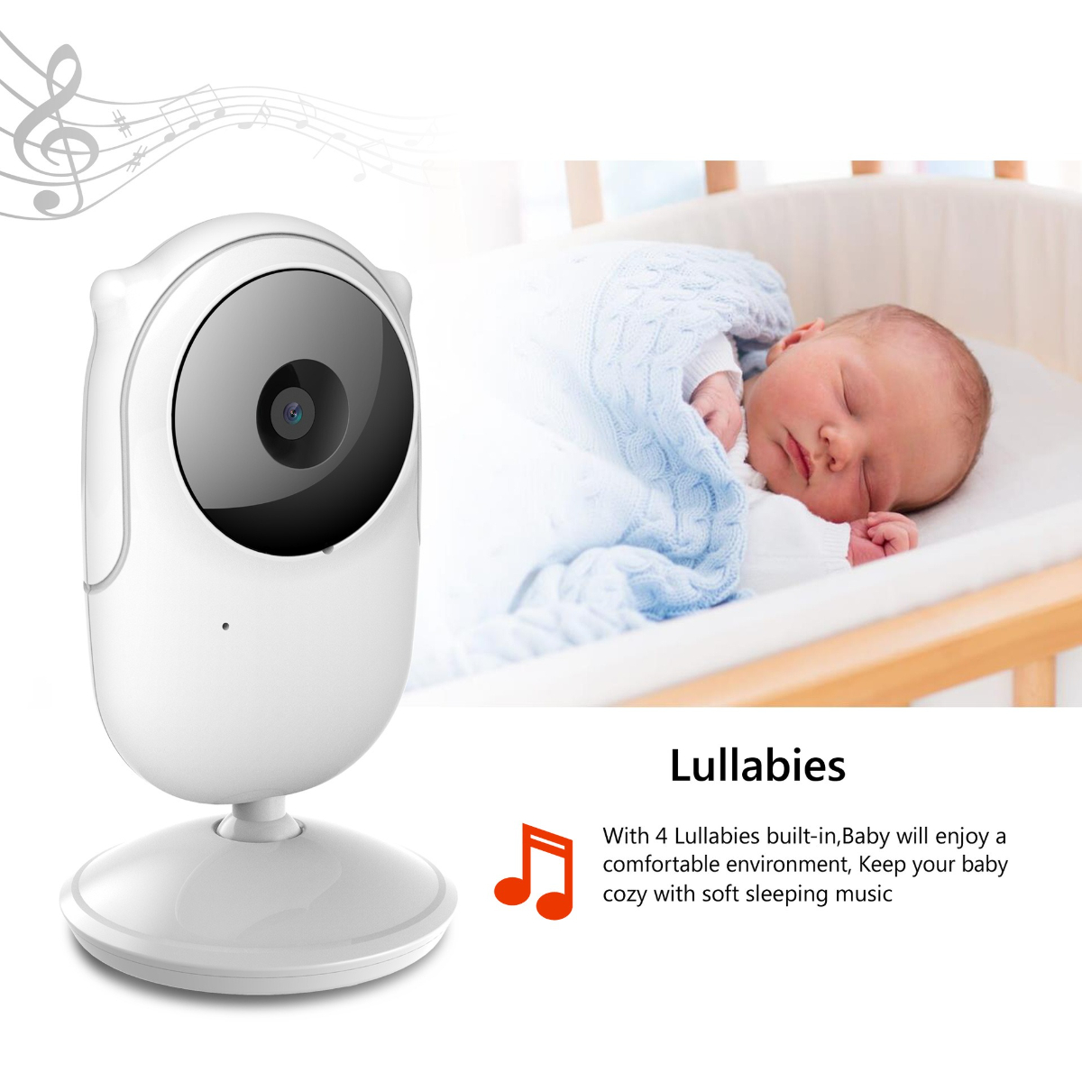 Ein weißer Babyphone und ein schlafendes Baby in einem Kinderbett, mit Text über Schlaflieder.