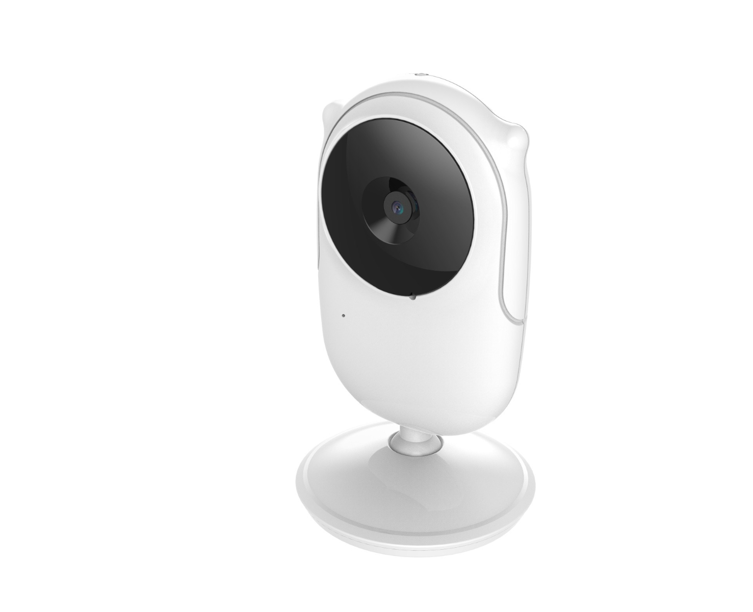 Weißer Baby-Monitor auf weißer Basis, mit dunkler Linse.