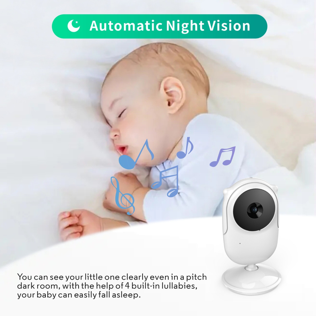 Schlafendes Baby mit Noten neben einem Babyphone mit Aufschrift Automatische Nachtsicht.