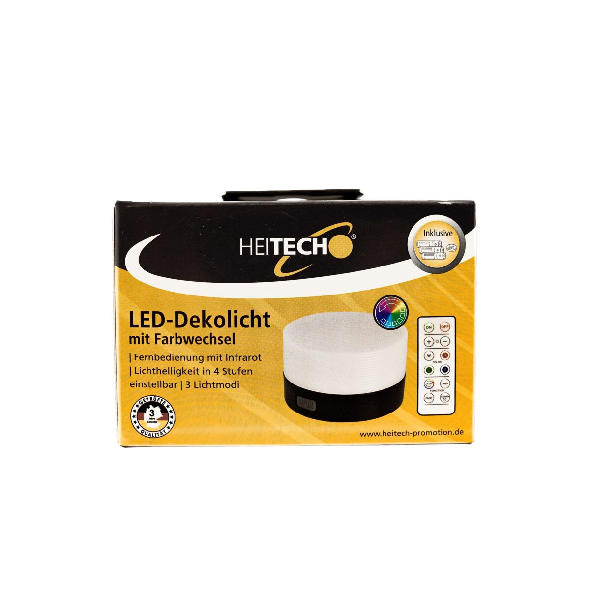 Box mit 'HEITECH'-Logo, Text über LED-Licht und Fernbedienungsbild.