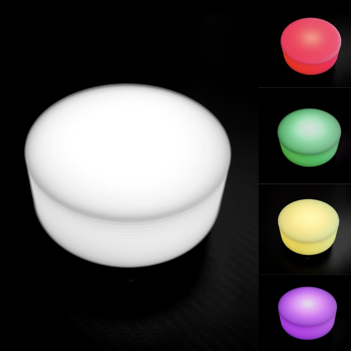 Weißes, rundes Licht mit verschiedenen Farboptionen. Rot, grün, gelb und lila.