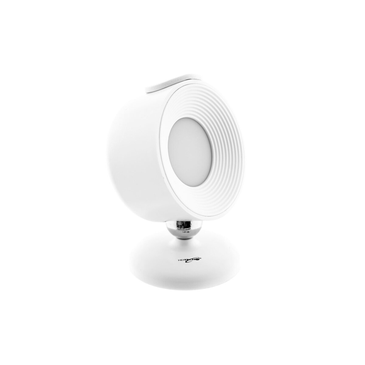 Eine weiße Lampe auf weißem Sockel. Sie hat einen runden Kopf mit Licht und einen Ständer.
