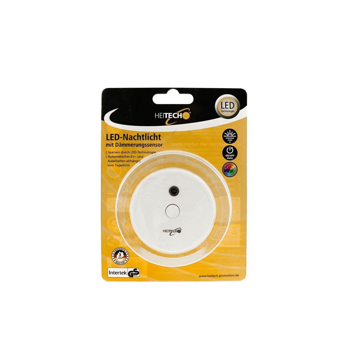 LED-Nachtlicht in Verpackung. Weiße und gelbe Verpackung mit Licht darin.