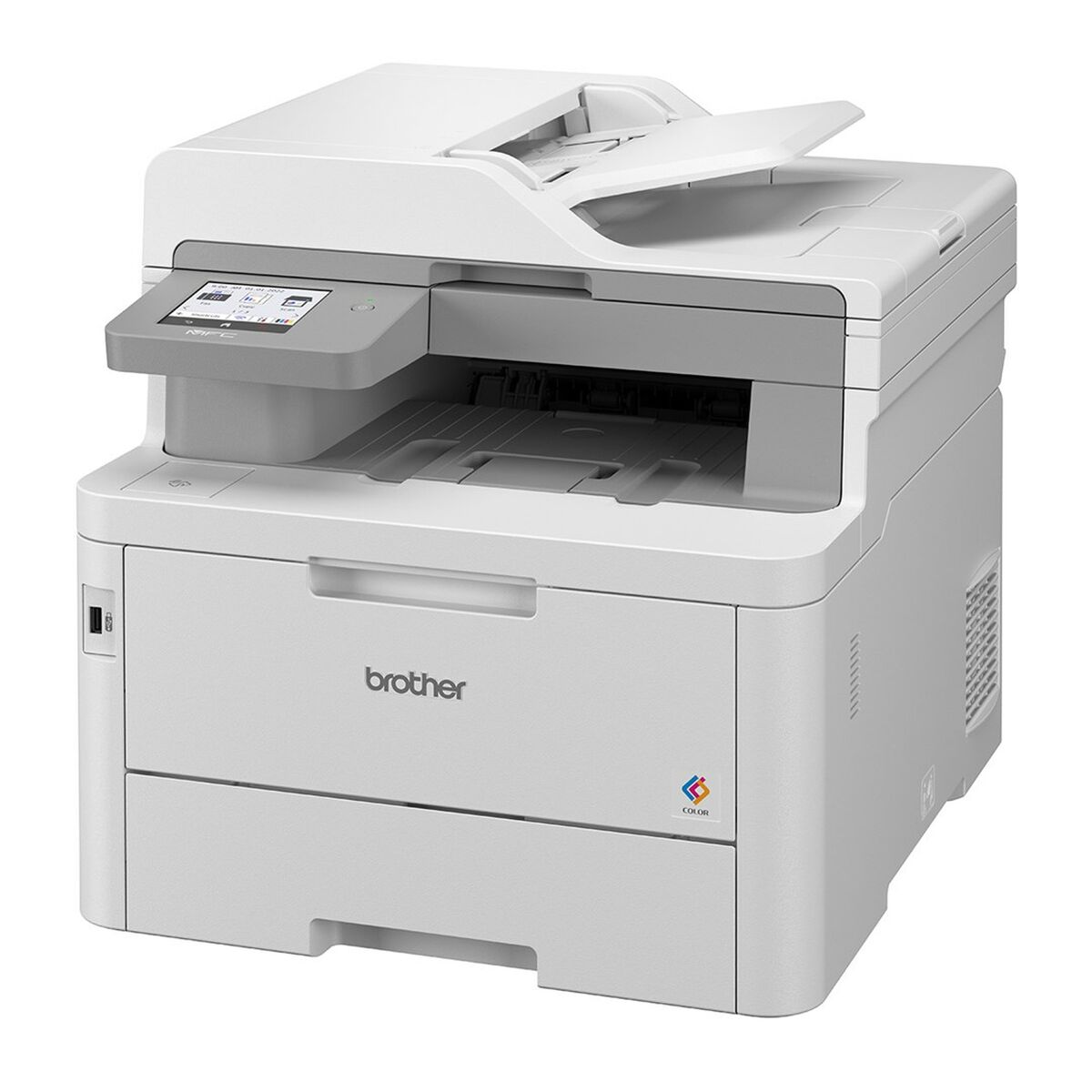 Ein weißer und grauer Brother-Drucker mit geöffnetem Deckel.