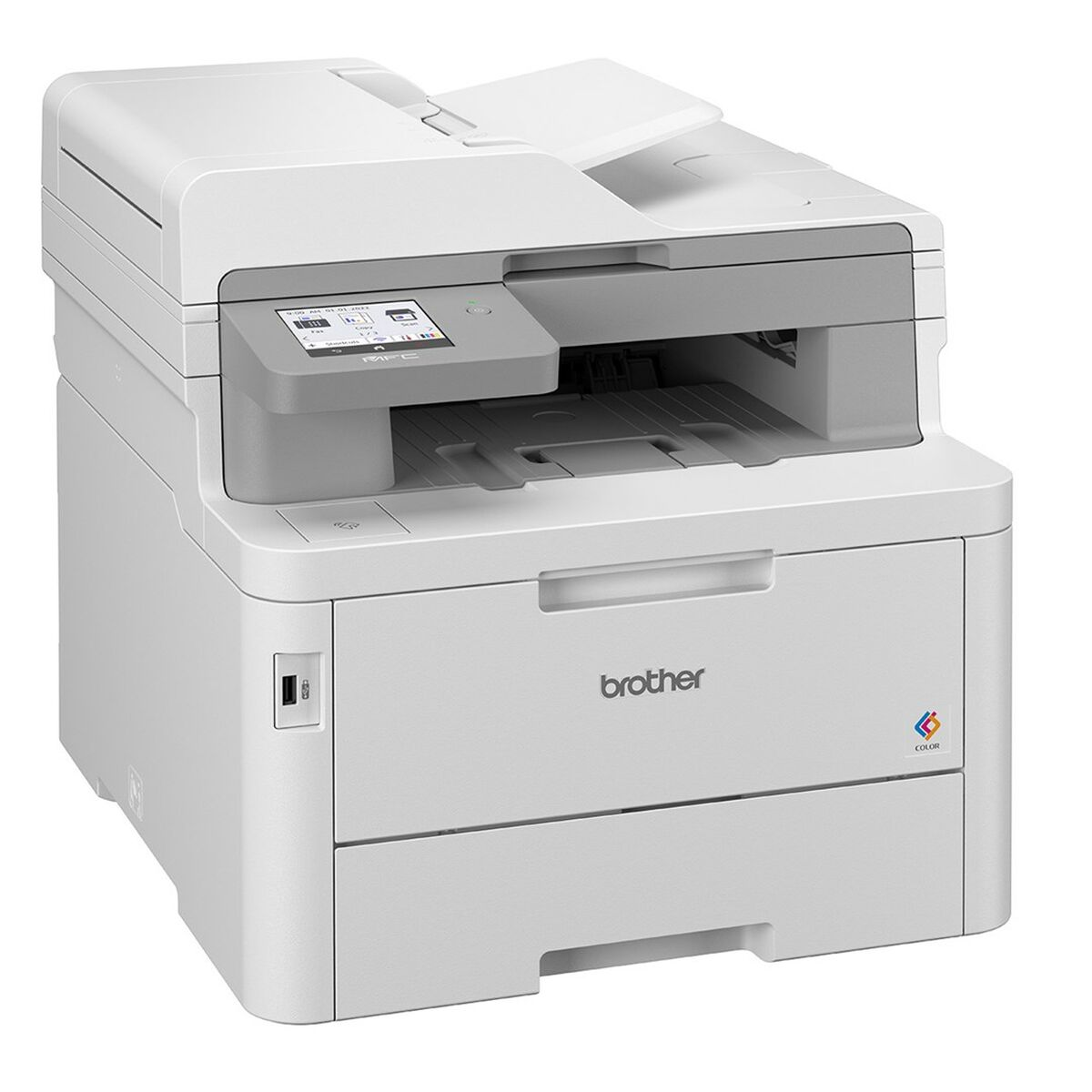 Ein weißer und grauer Brother-Drucker.