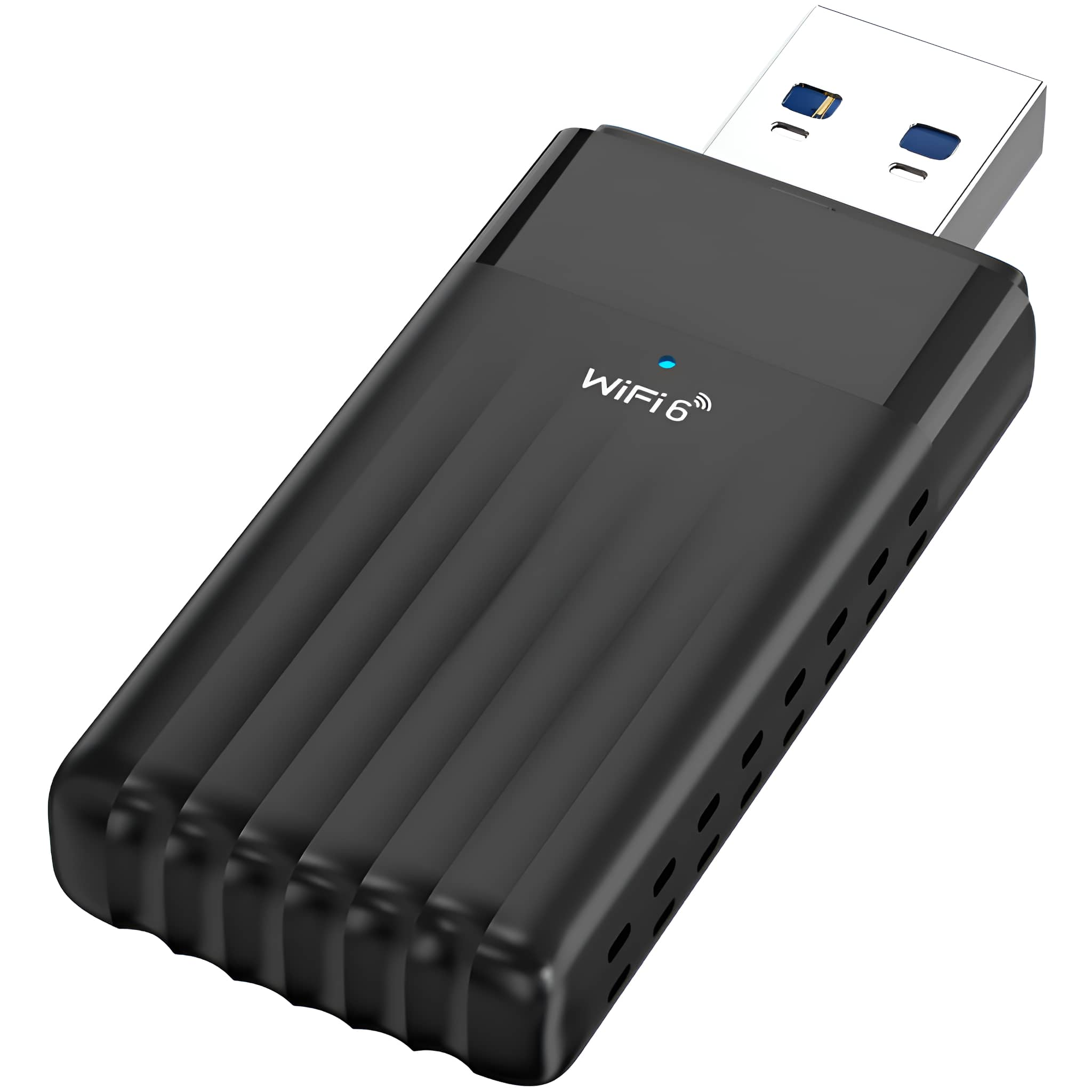 Schwarzer WiFi 6 USB-Adapter mit blauem Kontrolllicht und dem Text 'WiFi 6'.