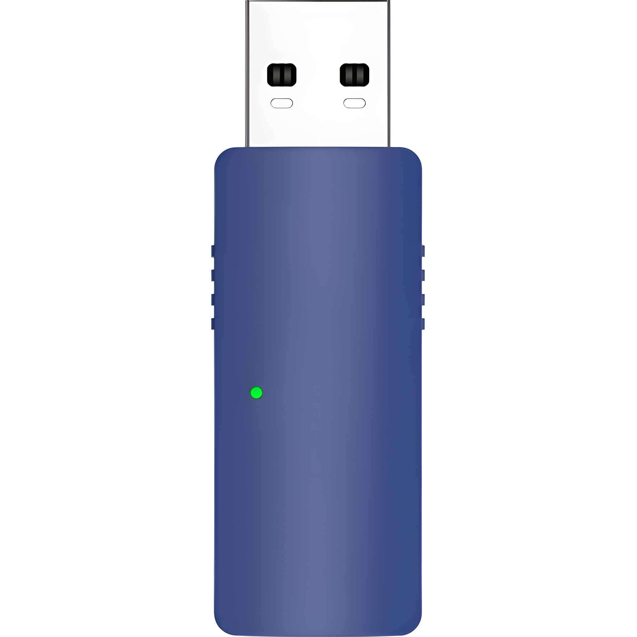 Blauer USB-Dongle mit grüner LED auf weißem Hintergrund.
