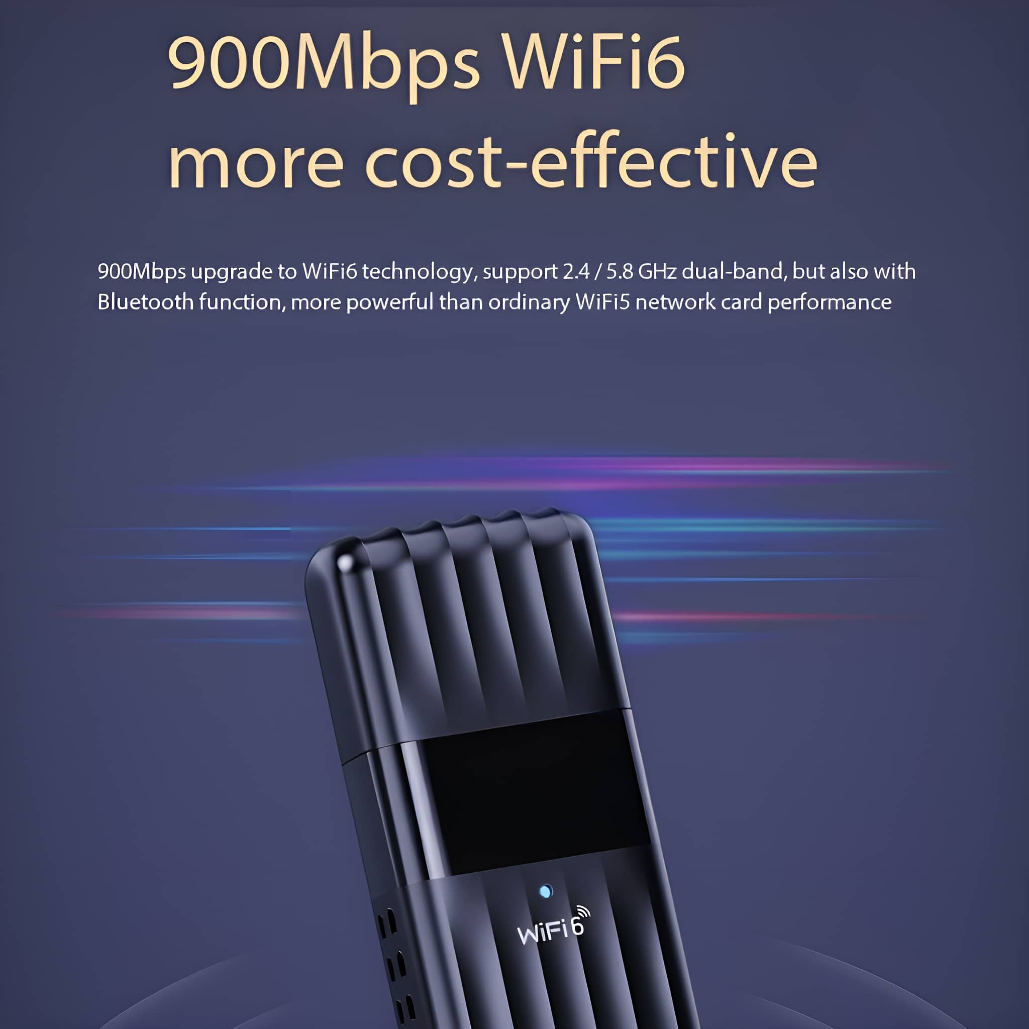 Ein schwarzer Wi-Fi-Adapter mit Text über Wi-Fi 6-Technologie. Es ist auf einem Gradienten Hintergrund mit blauen Streifen.
