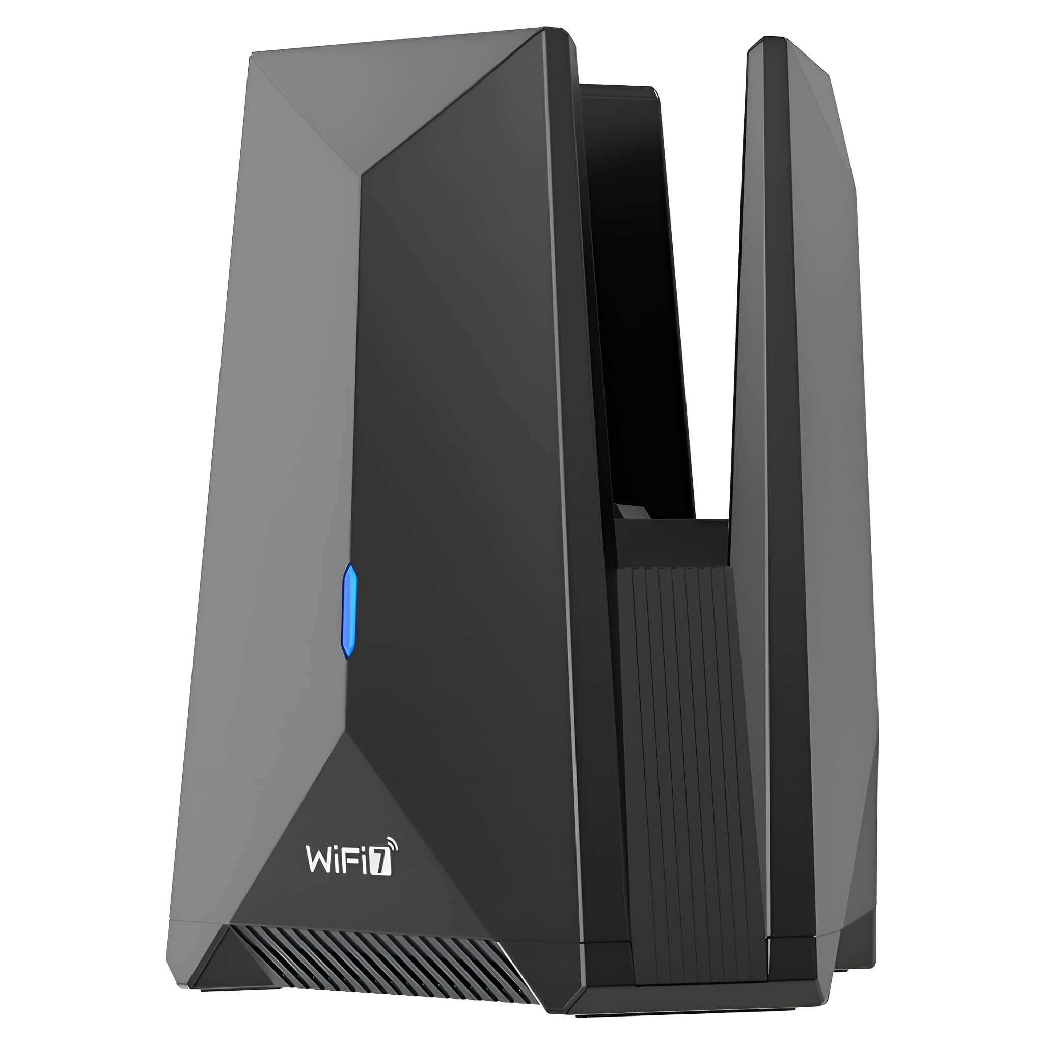 Schwarzer Wi-Fi 7 Router. Er hat ein blaues Licht und ein Logo mit der Aufschrift WiFi 7. Weißer Hintergrund.