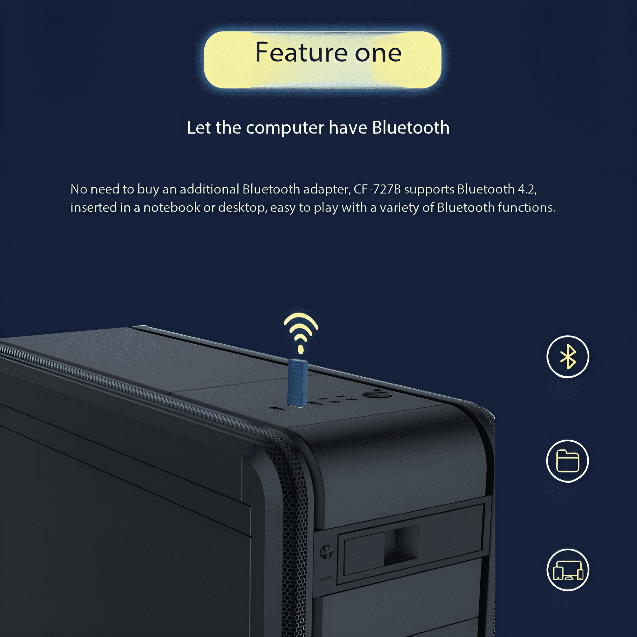 Ein schwarzer Computerturm mit einem Bluetooth-Adapter-Stick und einem gelben Textfeld.