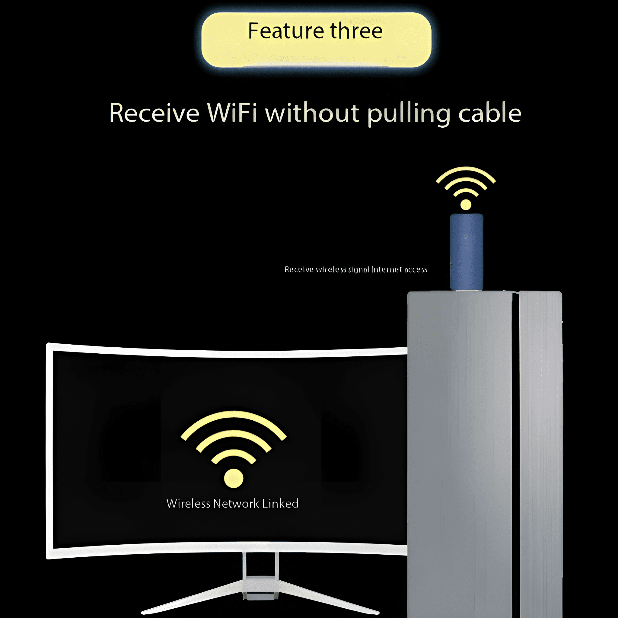 Diagramm mit Monitor, WLAN-Empfänger und WLAN-Symbol. Text: 'WLAN empfangen ohne Kabel zu ziehen'.