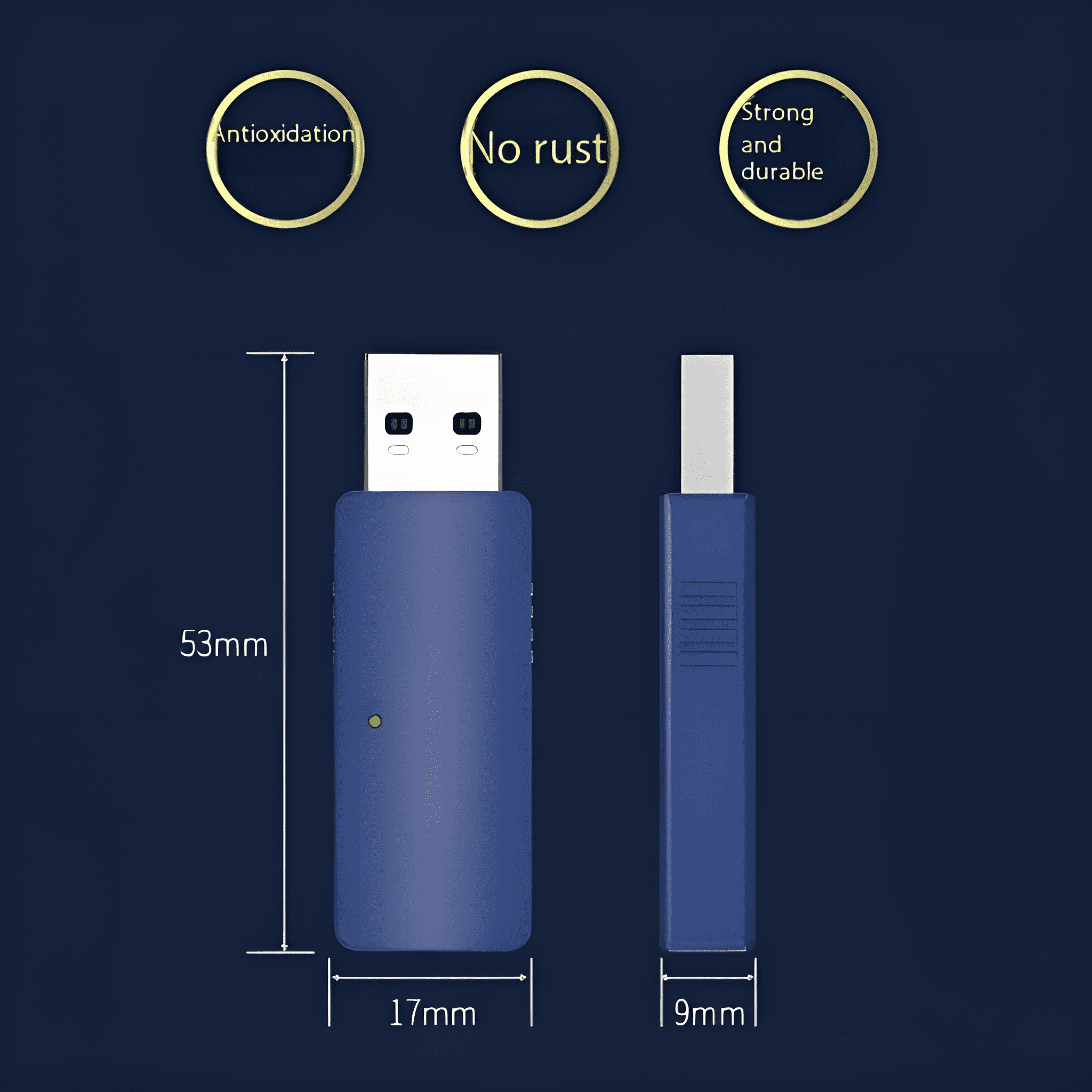 Blauer USB-Stick mit weißem Rechteck, Maße und Text auf dunkelblauem Grund.