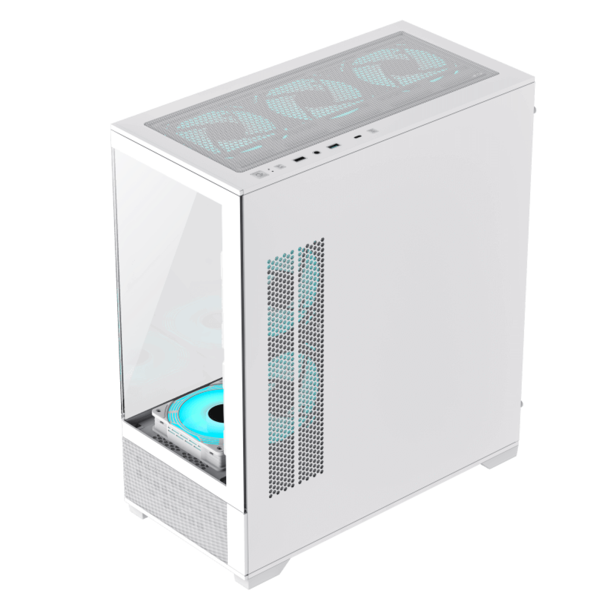 Weißes Computergehäuse mit Lüftern und Glasseitenwand auf schwarzem Untergrund.